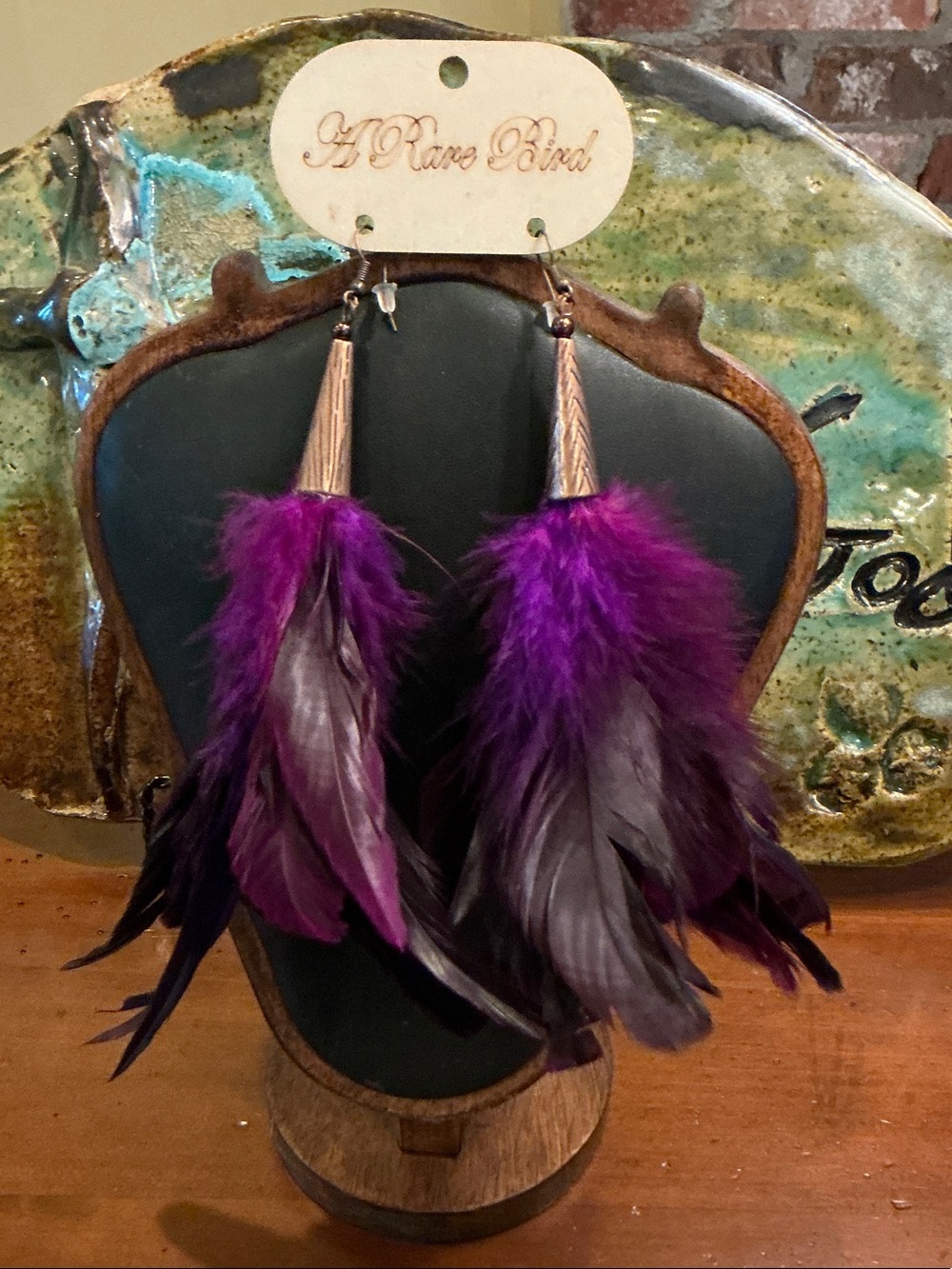 A Rare Bird Purple Feather Drop Earrings with Gold-Tone Caps